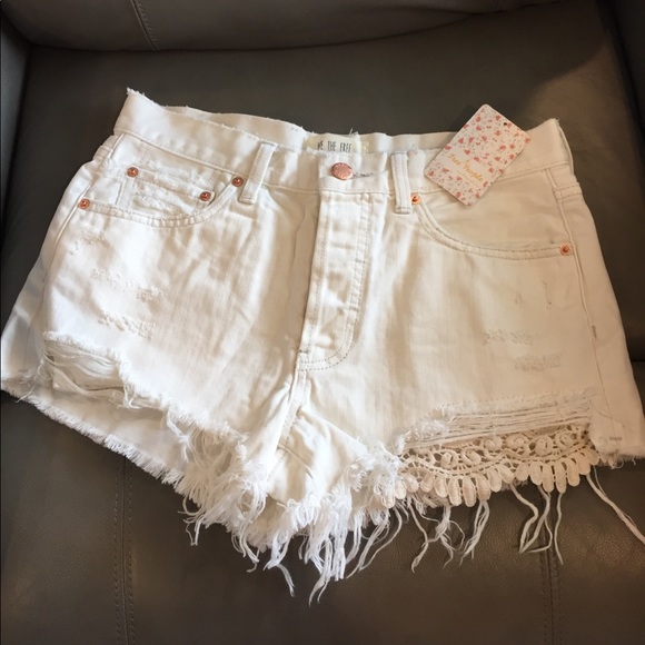 Free People Pants - Free People Denim Shorts 27 Cream Crochet Distress